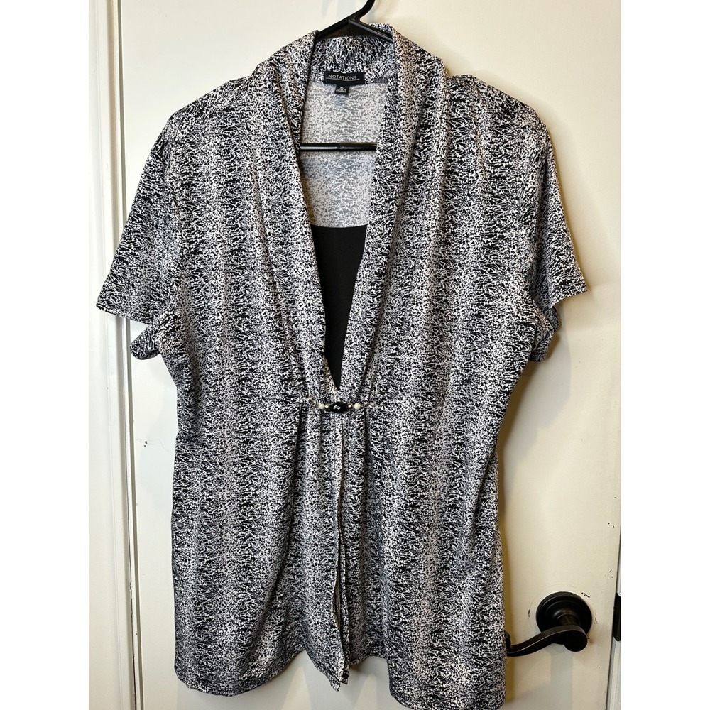 Notations Womens XL Black White Abstract Print Layered Look Beaded Accent Top